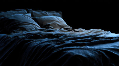 Close up of a blue blanket on a bed in a dark roomの素材
