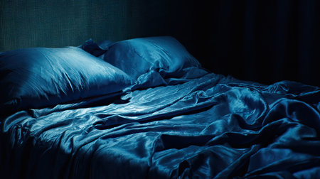 close up of a bed in a dark room with a blue blanketの素材