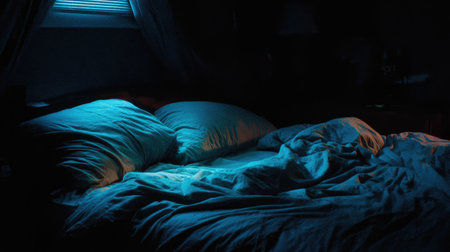 The bed is covered with a blanket in the dark in the roomの素材