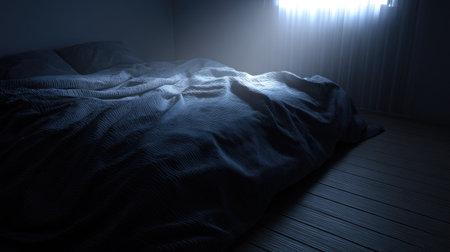 A dark bed with a blanket in the light of the morning sunの素材