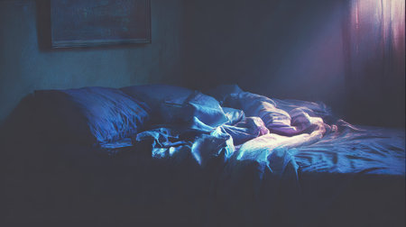 Interior of a dark room with a bed and a blue blanketの素材