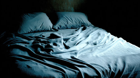 Close up of a bed with a blue blanket in the dark.の素材