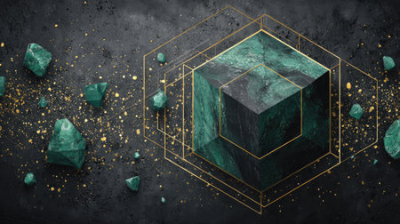 Abstract geometric background. 3d rendering, 3d illustration. Black and goldの素材