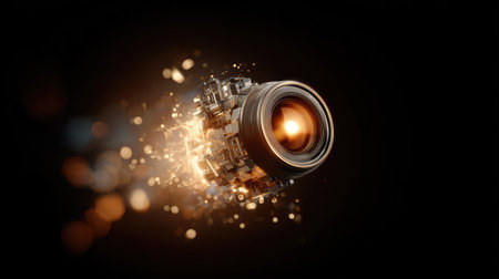 Digital camera lens with glowing bokeh background. 3D renderingの素材