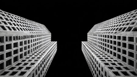 Low angle view of two skyscrapers. Black and white.の素材
