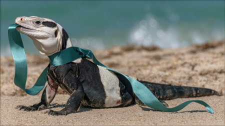 Iguana wrapped in a green ribbon on a beach in Floridaの素材