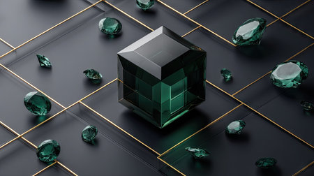 3d rendering of a black cube with green emeralds on a black backgroundの素材