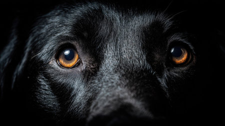 black dog on a black background. close-up of the eyesの素材