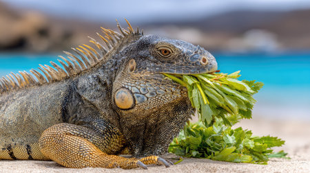 Close up of a green iguana eating celery on the beachの素材