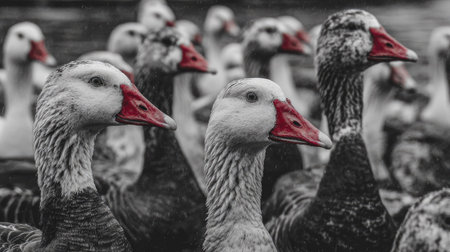 Black and white photo of a flock of geese in the parkの素材