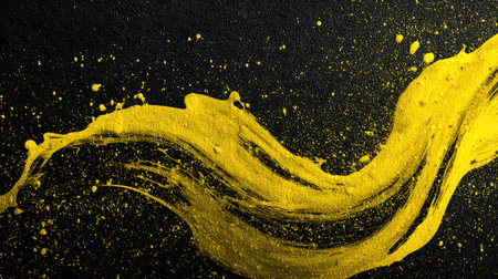 Yellow paint splash on black background. Top view of yellow paint splash on black background.の素材