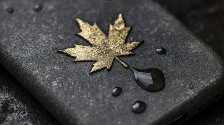Maple leaf and water drops on a stone. Symbol of Canada.の素材