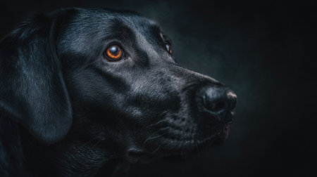 Portrait of a black labrador retriever dog on black backgroundの素材