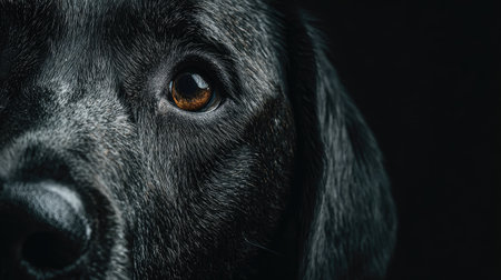Portrait of a black dog on a black background. Close-upの素材