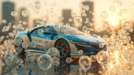 3D render of a sports car in water with bubbles flying aroundの素材
