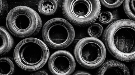 Pile of old used car tires, black and white photo.の素材