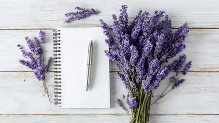 Lavender flowers and notebook on white wooden background, top viewの素材