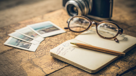 Vintage camera, glasses and notebook on old map. Travel conceptの素材