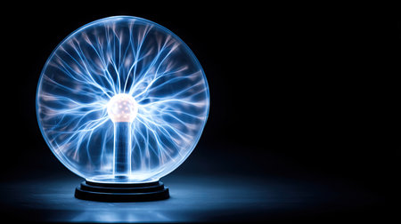 A crystal ball with a blue lightning inside on a black background.の素材