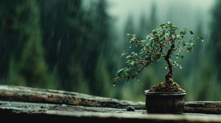 Bonsai tree in a pot on a wooden table in the rainの素材