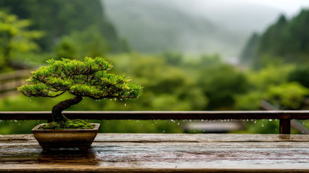 Bonsai tree in a pot on a wooden table with rain dropsの素材