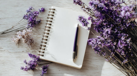 Lavender flowers and notebook with pen on white wooden table.の素材