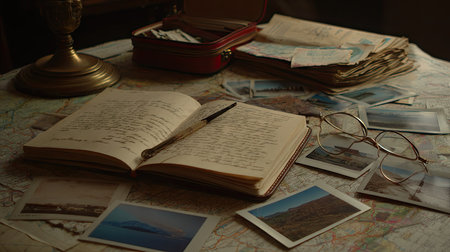 Old books and glasses on the background of the map. Vintage style.の素材