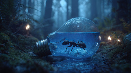 Ants in a light bulb in the forest. 3D rendering.の素材