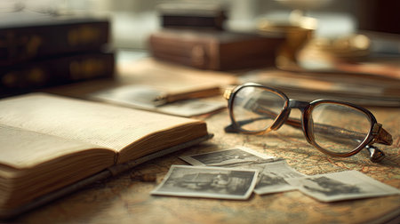 Vintage still life with old books and eyeglasses on old mapの素材