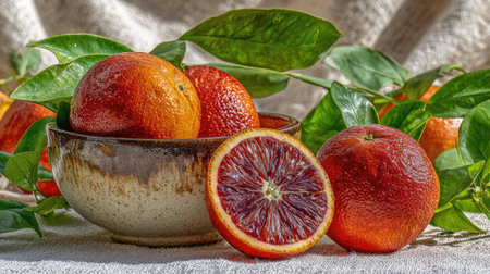 Red oranges in a bowl with green leaves on a linen tableclothの素材