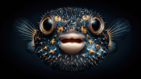 Puffer fish isolated on black background. 3D illustration. 3D rendering.の素材