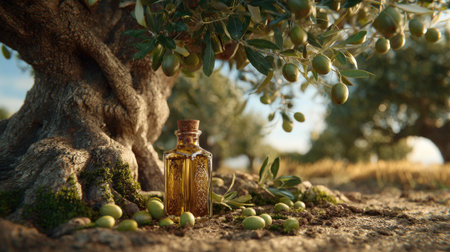 Olive oil in a glass bottle on a background of olive treesの素材