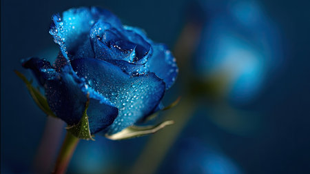 Beautiful blue rose with water drops on a dark blue background.の素材
