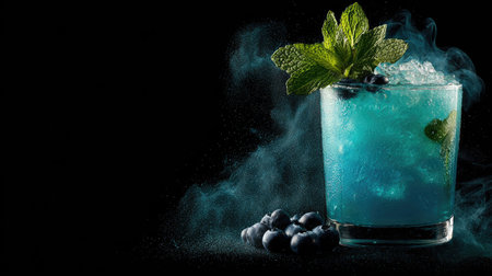 Blue lagoon cocktail with blue currant and mint on black backgroundの素材