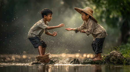 Little asian boy and girl playing in water on rainy day.の素材
