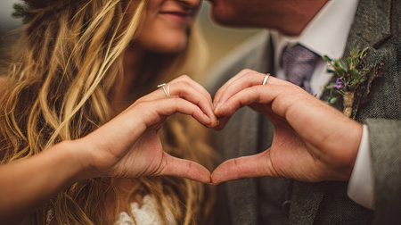 groom and bride in the form of a heart with their handsの素材