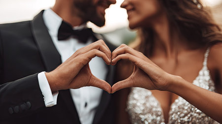 Hands in the form of a heart. Close-up of a young couple making a heart with their hands.の素材