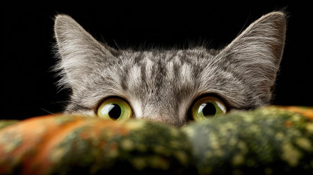 Cute cat with green eyes looking out of a pumpkin on a black backgroundの素材