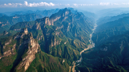 Aerial view of Huangshan Mountain, China. The mountain is located in Huangshan National Park.の素材