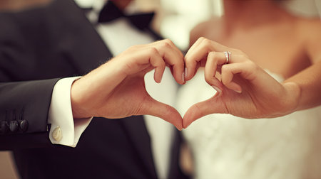 groom and bride making a heart shape with their hands, closeupの素材