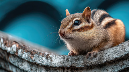 Chipmunk on a roof with blue background. Close-up.の素材