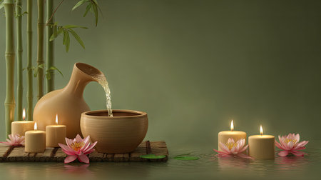 Spa still life with candles and lotus flowers on green backgroundの素材
