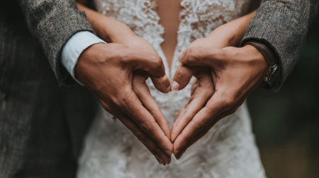 Close-up of hands of bride and groom making heart shape with fingersの素材
