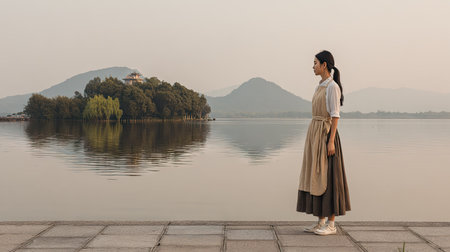 Beautiful asian woman walking on the lake in vintage style.の素材
