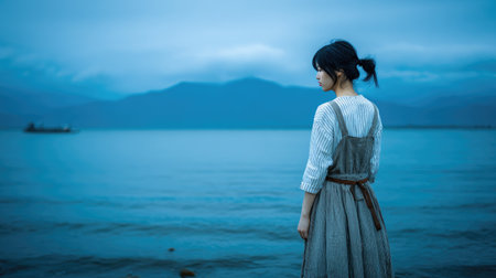 Portrait of a beautiful asian woman standing on the beach and looking at the seaの素材