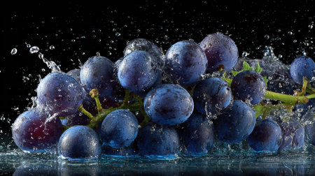 Grape with water splash on black background. Bunch of grapes with water splash.の素材