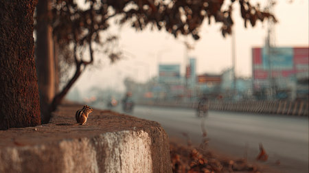 A chipmunk sits on a tree in the middle of the road.の素材