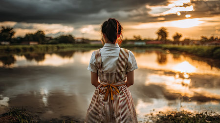 Beautiful woman in a long dress standing by the river at sunsetの素材