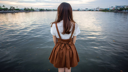 Back view of asian woman standing on the lake and looking at sunsetの素材