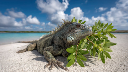 Green iguana on a tropical beach in Cayo Largo, Cubaの素材